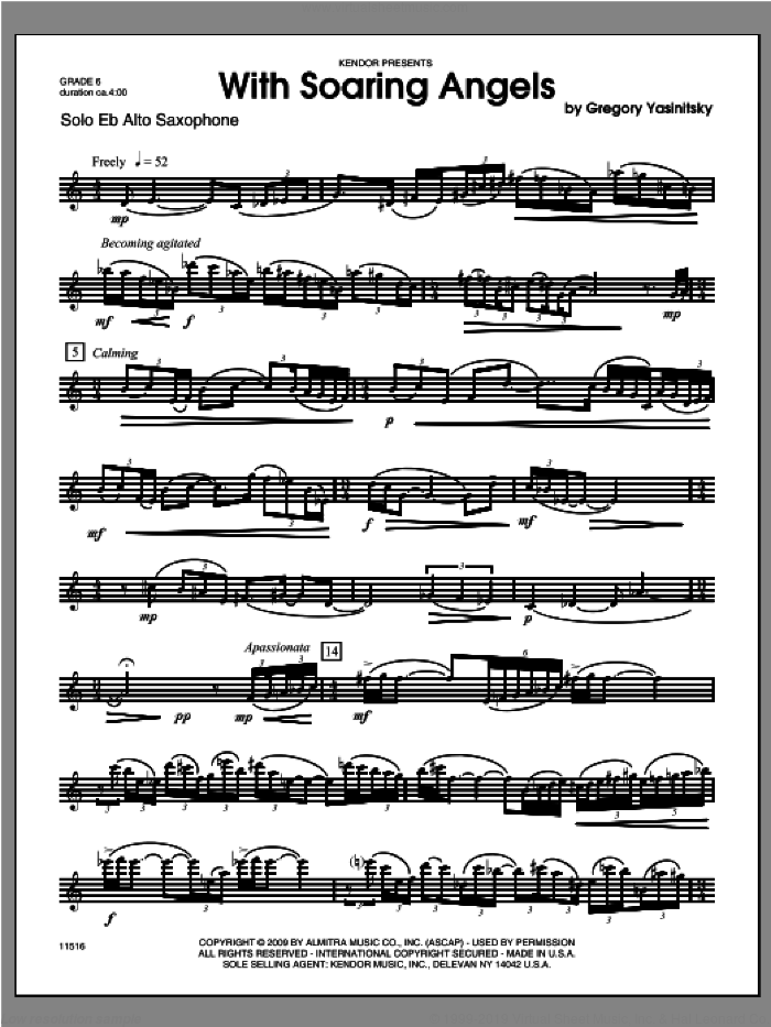 With Soaring Angels sheet music for alto saxophone solo by Yasinitsky, classical score, intermediate skill level