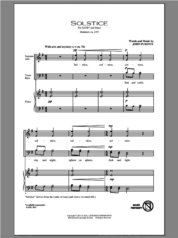 Solstice sheet music for choir (SATB: soprano, alto, tenor, bass) by John Purifoy, intermediate skill level