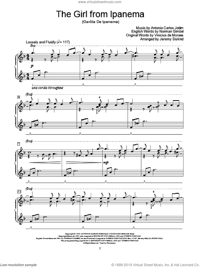 The Girl From Ipanema sheet music for piano solo (elementary) by Antonio Carlos Jobim, beginner piano (elementary)