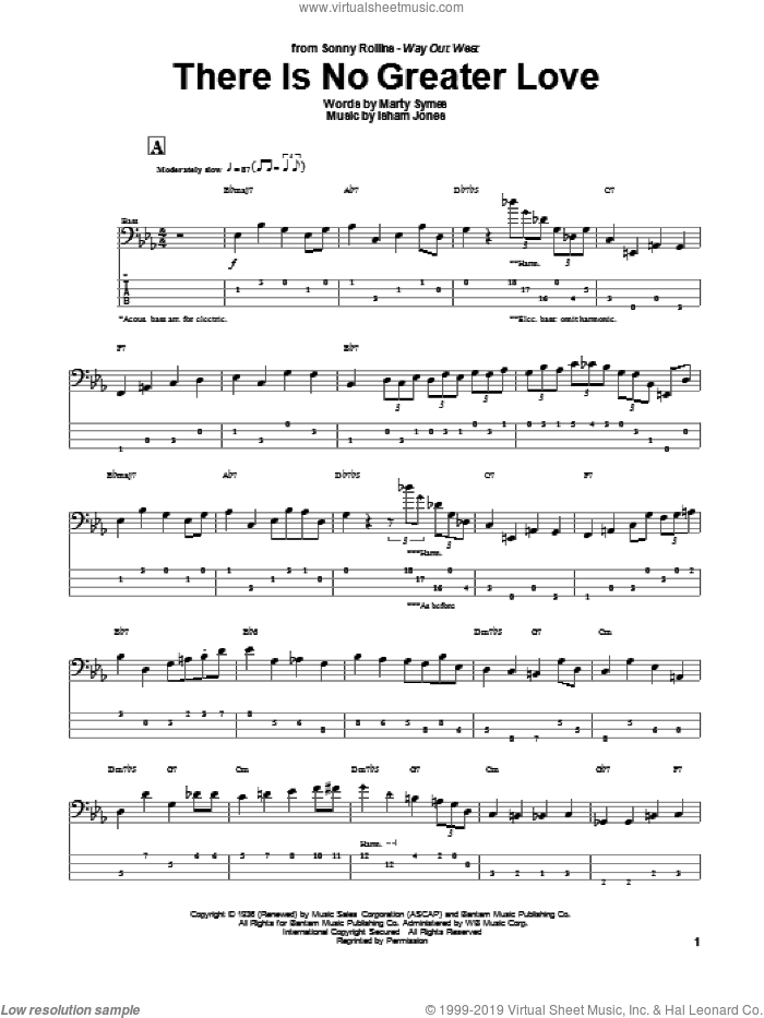 There Is No Greater Love sheet music for bass (tablature) (bass guitar) by Marty Symes and Isham Jones, intermediate skill level