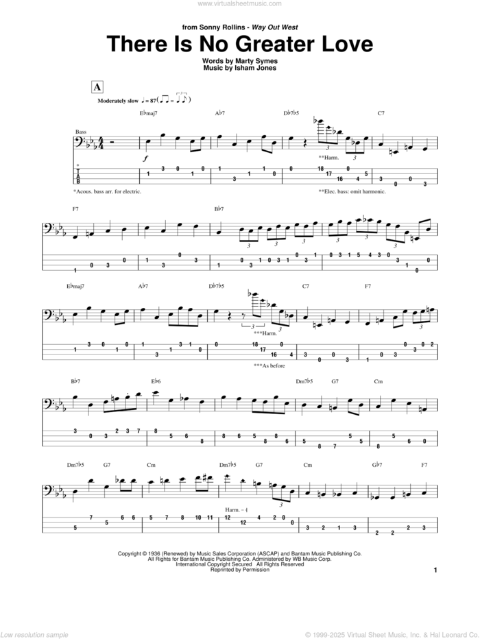 There Is No Greater Love sheet music for bass (tablature) (bass guitar) by Marty Symes and Isham Jones, intermediate skill level