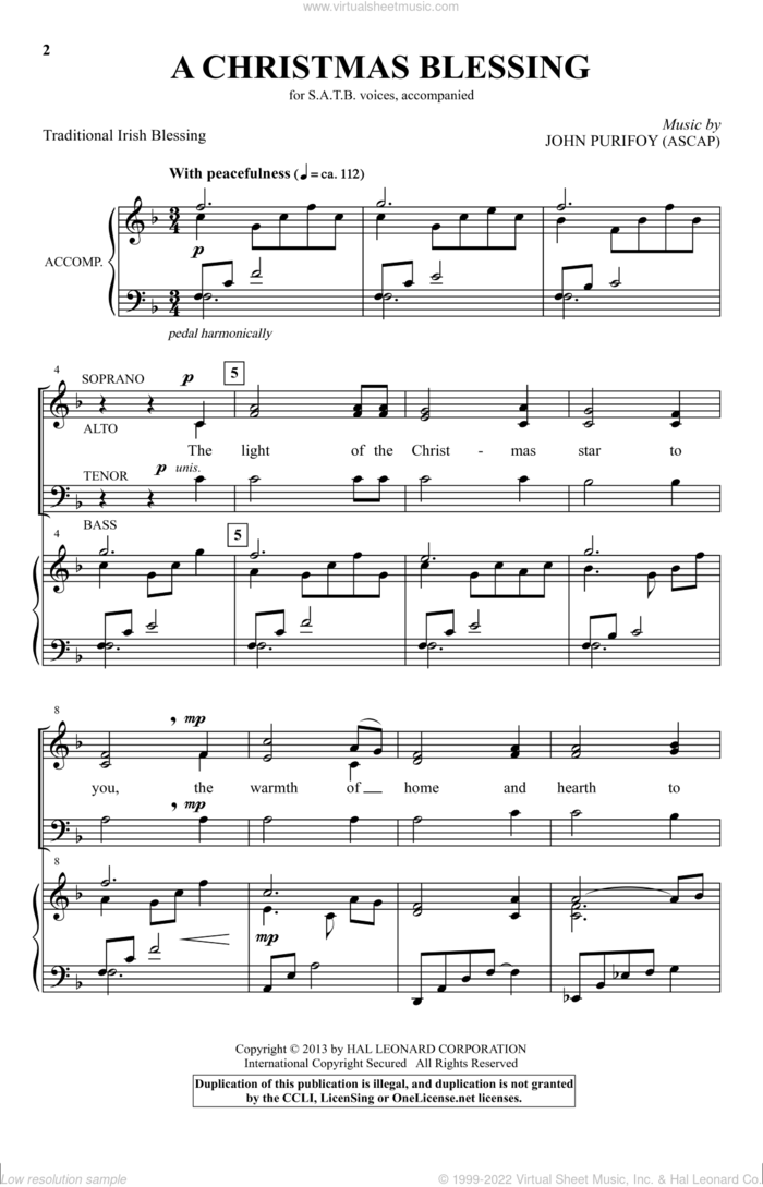 A Christmas Blessing sheet music for choir (SATB: soprano, alto, tenor, bass) by John Purifoy and Traditional Irish Blessing, intermediate skill level