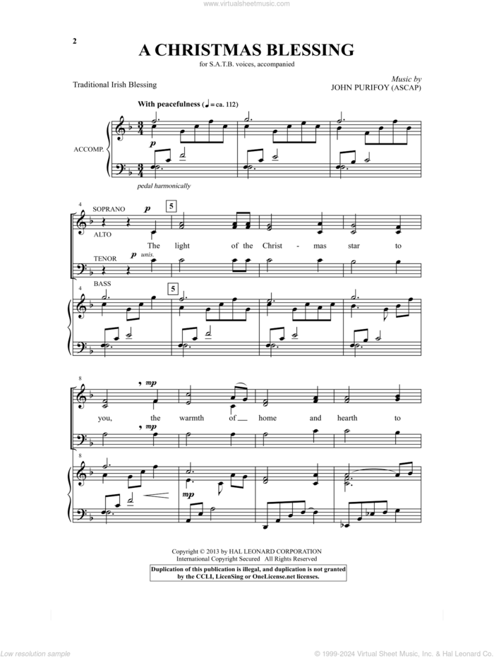 A Christmas Blessing sheet music for choir (SATB: soprano, alto, tenor, bass) by John Purifoy and Traditional Irish Blessing, intermediate skill level