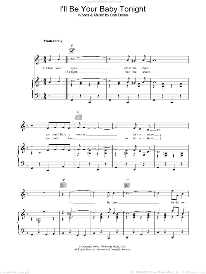 I'll Be Your Baby Tonight sheet music for voice, piano or guitar by Bob Dylan, intermediate skill level