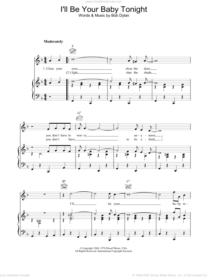 I'll Be Your Baby Tonight sheet music for voice, piano or guitar by Bob Dylan, intermediate skill level