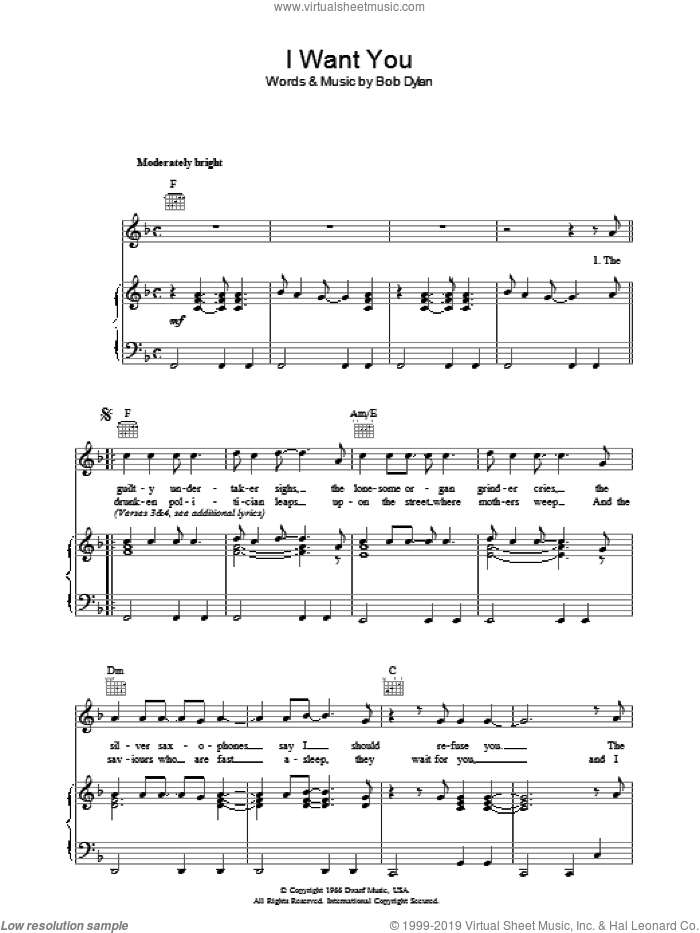 I Want You sheet music for voice, piano or guitar by Bob Dylan, intermediate skill level