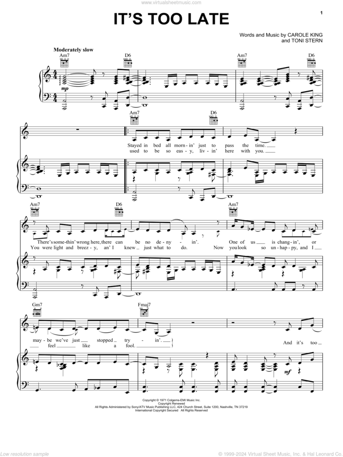 It's Too Late sheet music for voice, piano or guitar by Carole King and Toni Stern, intermediate skill level