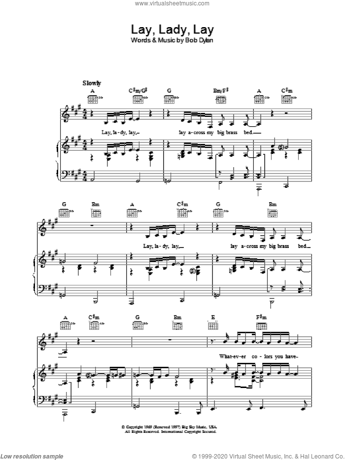Lay Lady Lay sheet music for voice, piano or guitar by Bob Dylan, intermediate skill level