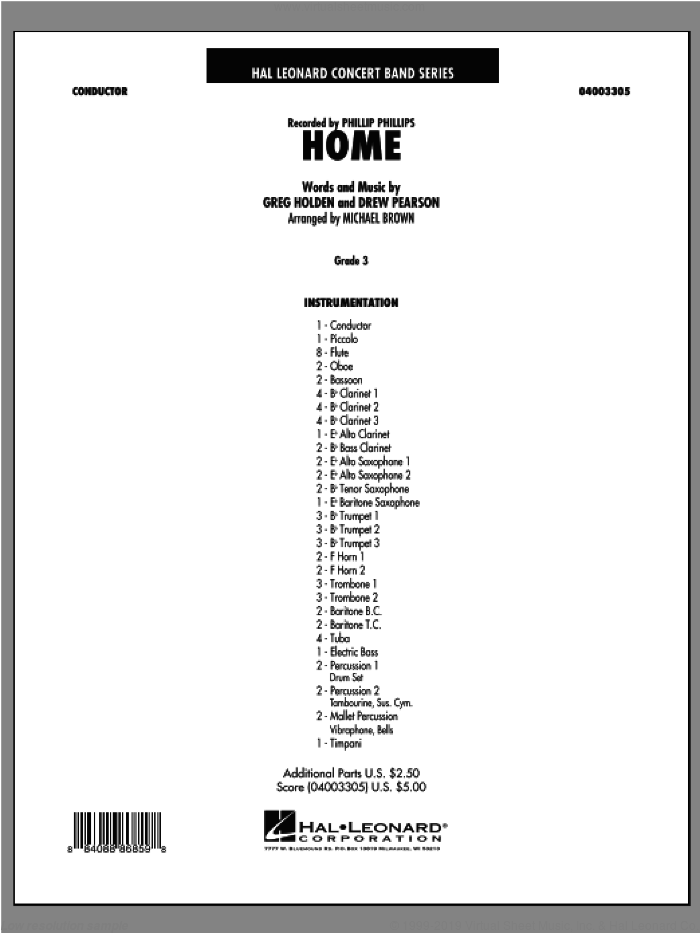 Home (COMPLETE) sheet music for concert band by Drew Pearson, Greg Holden, Michael Brown and Phillip Phillips, intermediate skill level