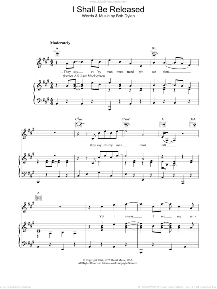 I Shall Be Released sheet music for voice, piano or guitar by Bob Dylan, intermediate skill level