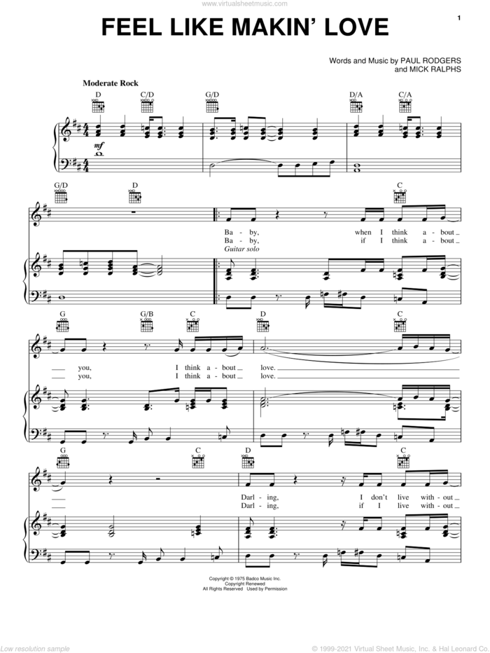 Feel Like Makin' Love sheet music for voice, piano or guitar by Bad Company, intermediate skill level