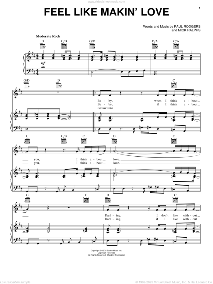 Feel Like Makin' Love sheet music for voice, piano or guitar by Bad Company, intermediate skill level