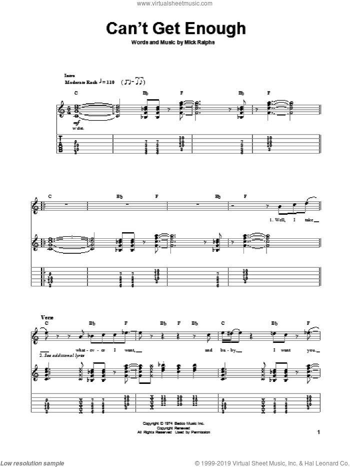 Can't Get Enough sheet music for guitar (tablature, play-along) by Bad Company, intermediate skill level