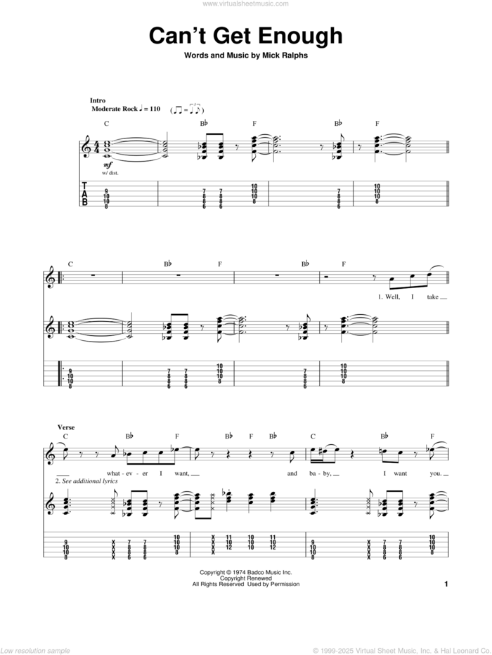 Can't Get Enough sheet music for guitar (tablature, play-along) by Bad Company, intermediate skill level