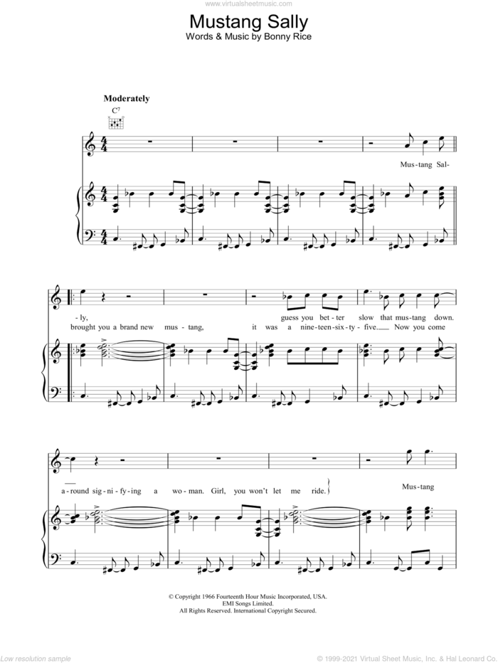 Mustang Sally sheet music for voice, piano or guitar by Wilson Pickett and Bonny Rice, intermediate skill level