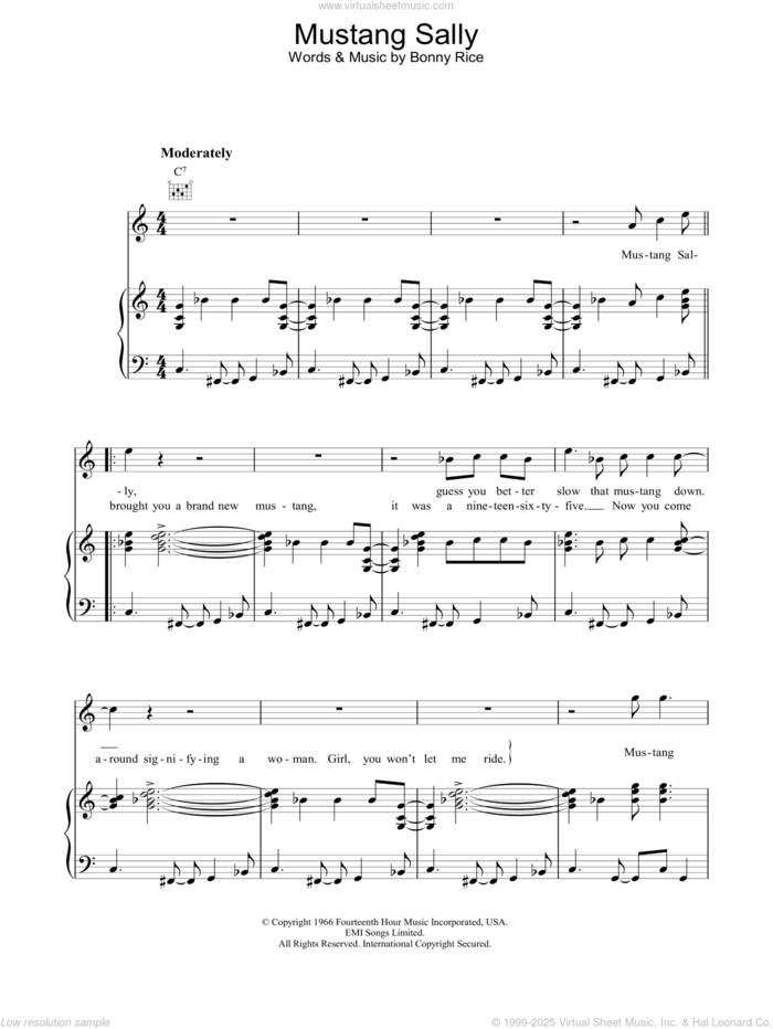 Mustang Sally sheet music for voice, piano or guitar by Wilson Pickett and Bonny Rice, intermediate skill level