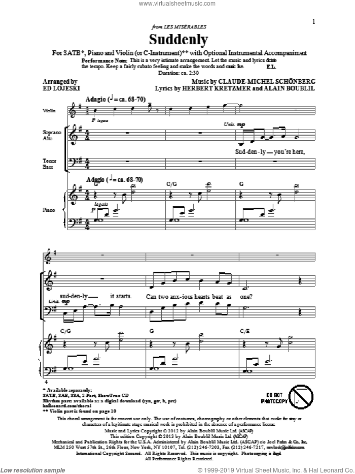 Suddenly (from Les Miserables The Movie) sheet music for choir (SATB: soprano, alto, tenor, bass) by Alain Boublil, Claude-Michel Schonberg and Ed Lojeski, intermediate skill level