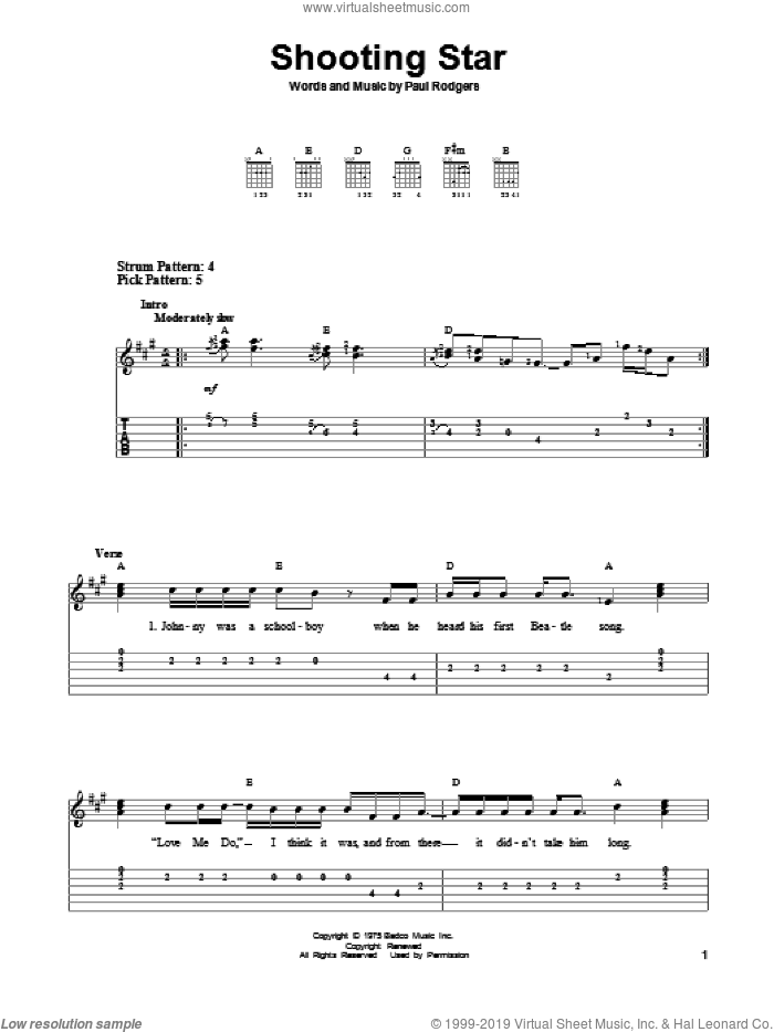 Shooting Star sheet music for guitar solo (easy tablature) by Bad Company, easy guitar (easy tablature)
