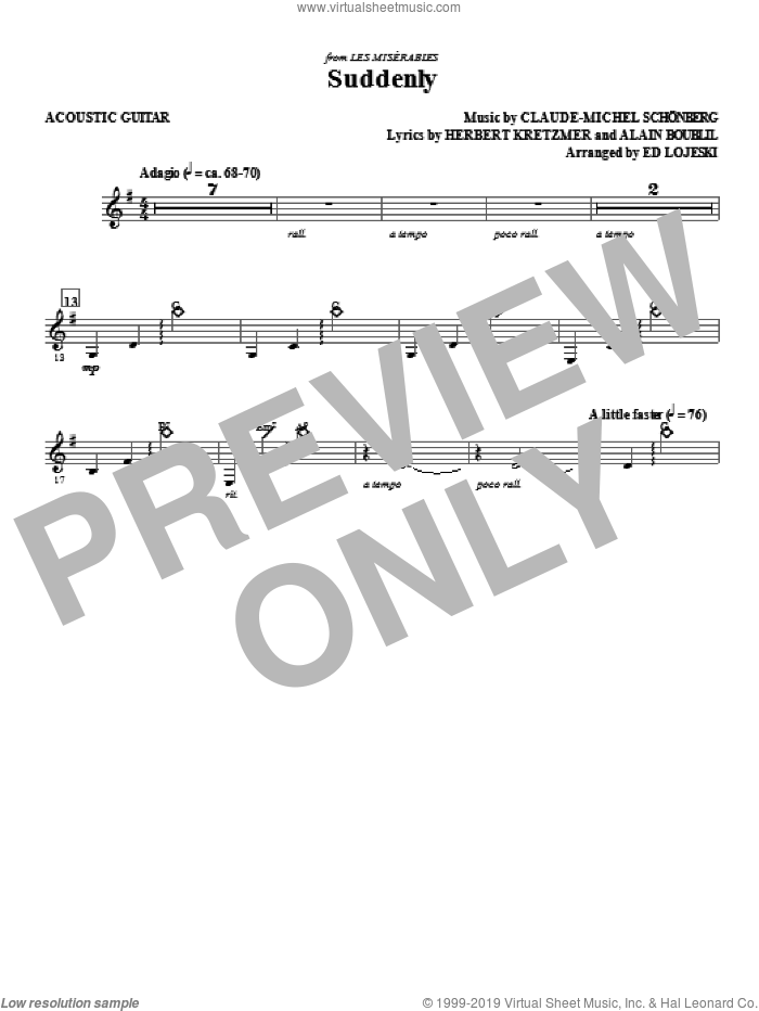 Suddenly (from Les Miserables The Move) sheet music for orchestra/band (acoustic guitar) by Alain Boublil, Claude-Michel Schonberg, Ed Lojeski and Les Miserables (Movie), intermediate skill level