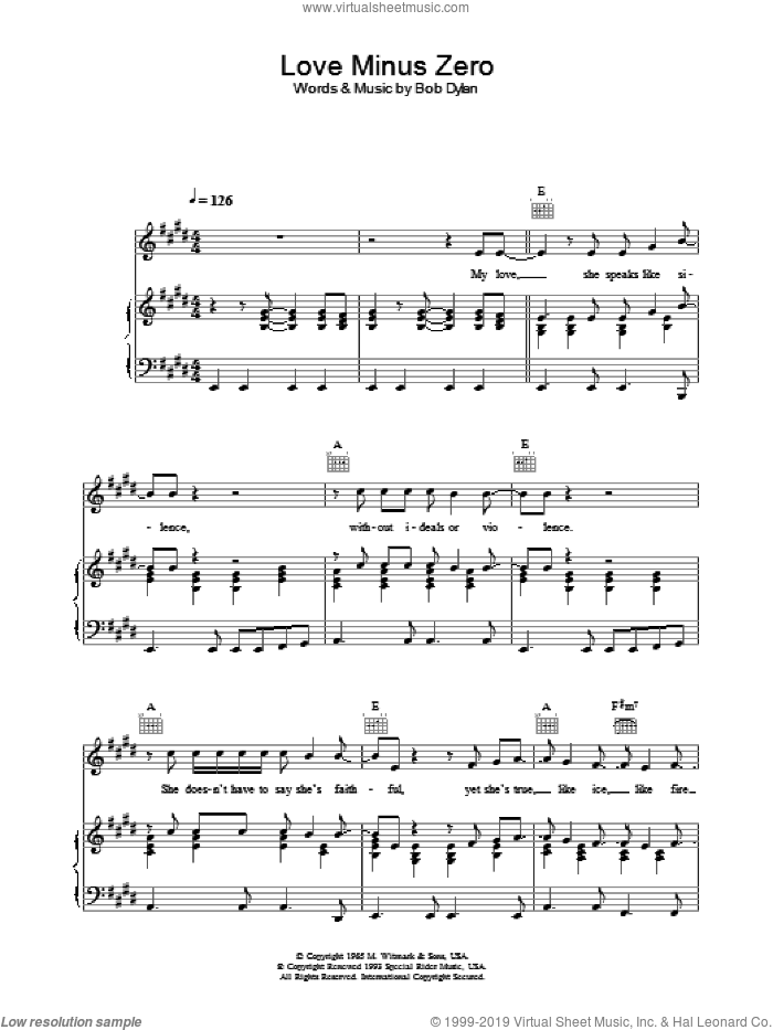 Love Minus Zero/No Limit sheet music for voice, piano or guitar by Bob Dylan, intermediate skill level