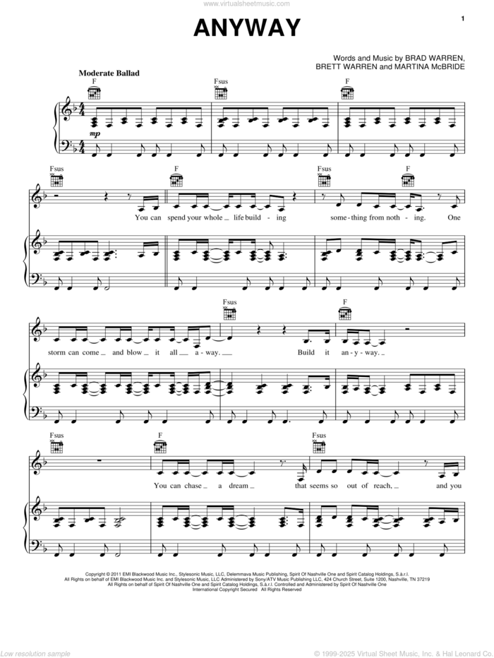 Anyway sheet music for voice, piano or guitar by Martina McBride, intermediate skill level