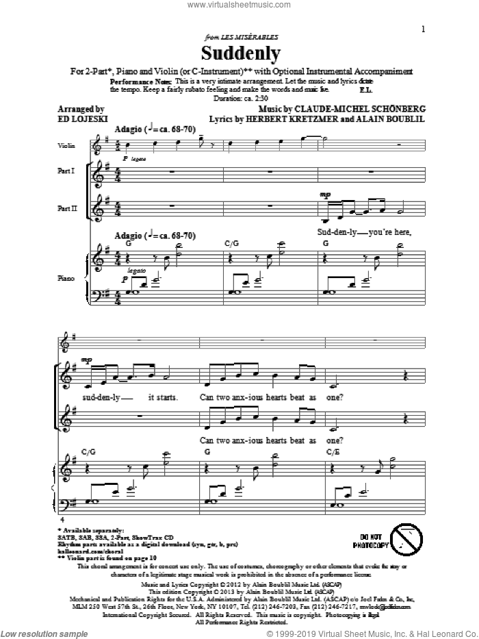 Suddenly (from Les Miserables The Movie) sheet music for choir (2-Part) by Alain Boublil, Claude-Michel Schonberg, Ed Lojeski and Les Miserables (Movie), intermediate duet