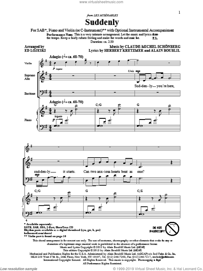 Suddenly (from Les Miserables The Movie) sheet music for choir (SAB: soprano, alto, bass) by Alain Boublil, Claude-Michel Schonberg, Ed Lojeski and Les Miserables (Movie), intermediate skill level