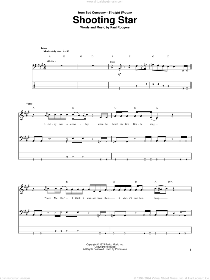 Shooting Star sheet music for bass (tablature) (bass guitar) by Bad Company, intermediate skill level