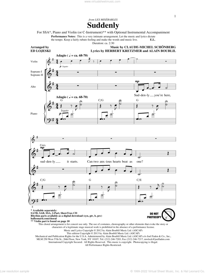 Suddenly sheet music for choir (SSA: soprano, alto) by Alain Boublil, Claude-Michel Schonberg, Ed Lojeski and Les Miserables (Movie), intermediate skill level