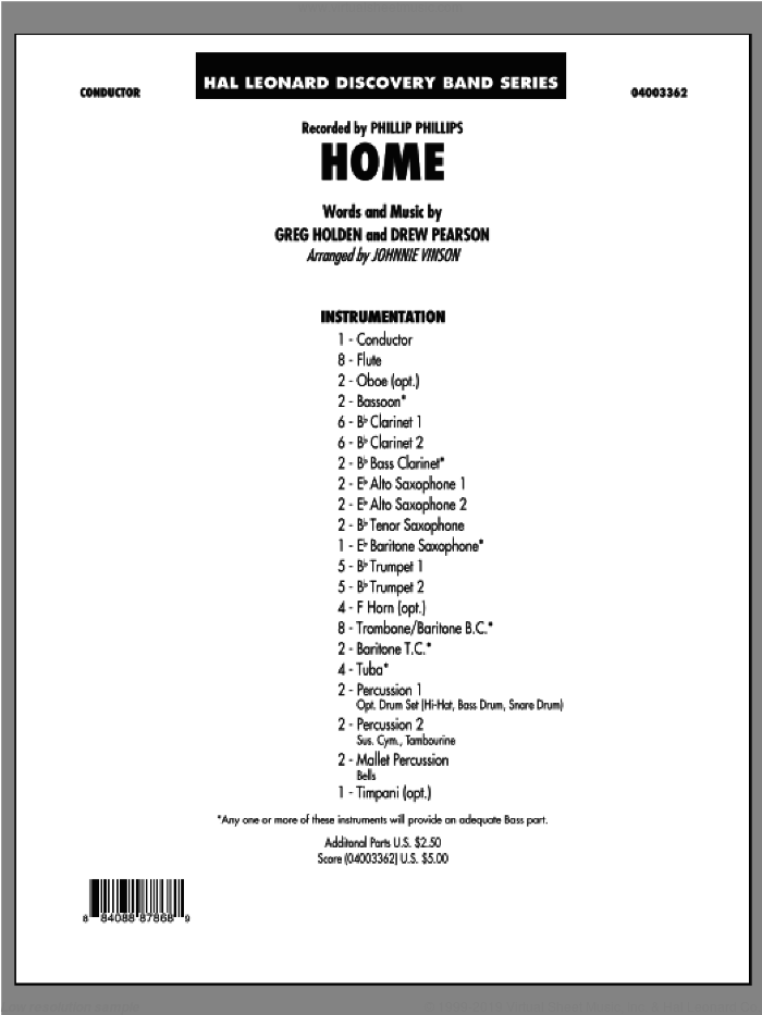 Home (COMPLETE) sheet music for concert band by Johnnie Vinson, Drew Pearson, Greg Holden and Phillip Phillips, intermediate skill level