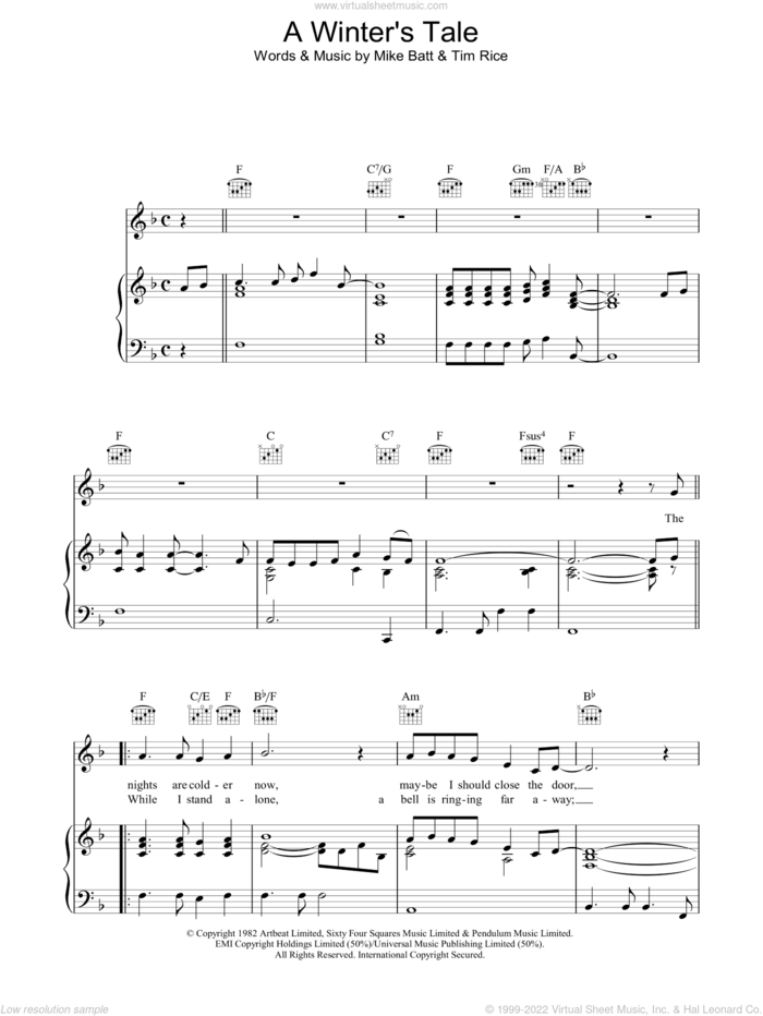 A Winter's Tale sheet music for voice, piano or guitar by David Essex, Mike Batt and Tim Rice, intermediate skill level