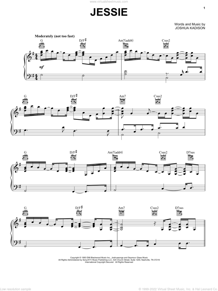 Jessie sheet music for voice, piano or guitar by Joshua Kadison, intermediate skill level