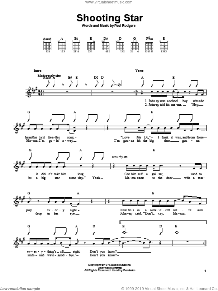 Shooting Star sheet music for guitar solo (chords) by Bad Company, easy guitar (chords)