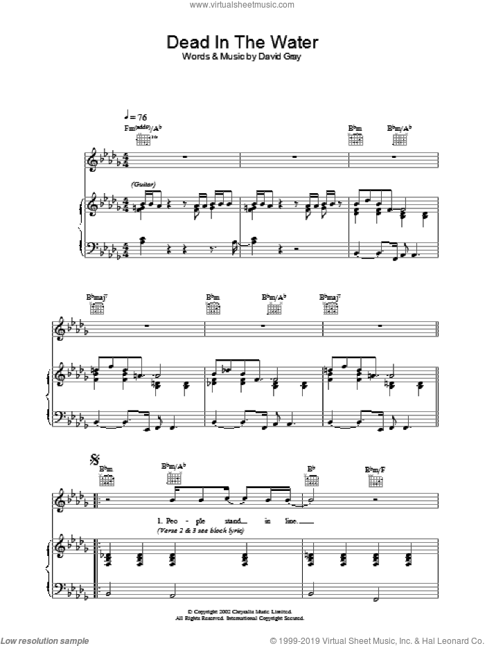 Dead In The Water sheet music for voice, piano or guitar by David Gray, intermediate skill level