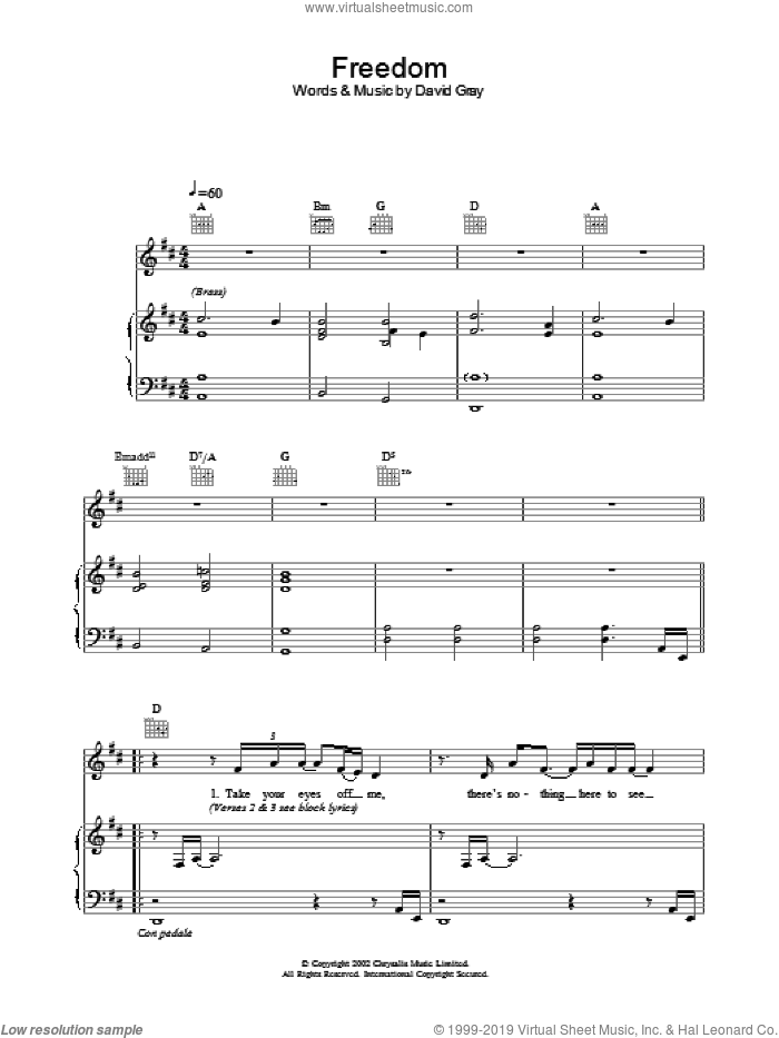 Freedom sheet music for voice, piano or guitar by David Gray, intermediate skill level