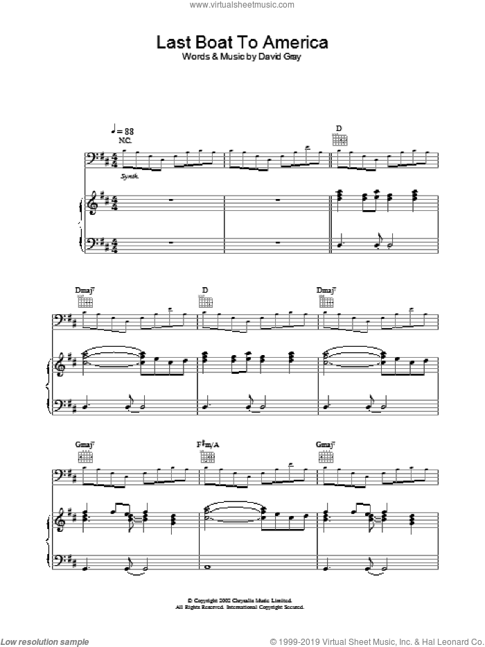 Last Boat To America sheet music for voice, piano or guitar by David Gray, intermediate skill level