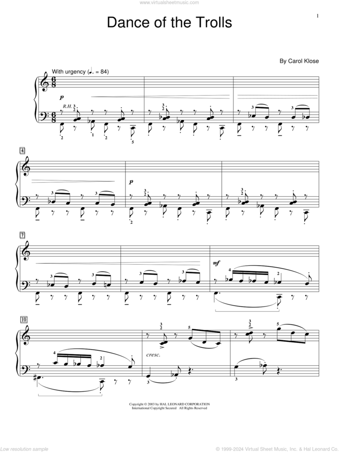 Dance Of The Trolls sheet music for piano solo (elementary) by Carol Klose, beginner piano (elementary)