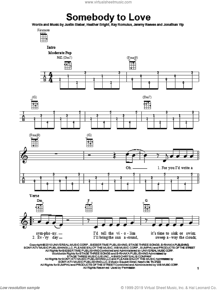 Somebody To Love sheet music for ukulele by Justin Bieber, intermediate skill level