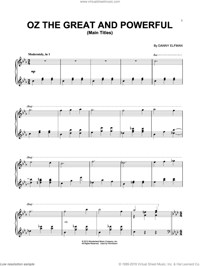 Main Titles sheet music for piano solo by Danny Elfman and Oz the Great and Powerful (Movie), intermediate skill level