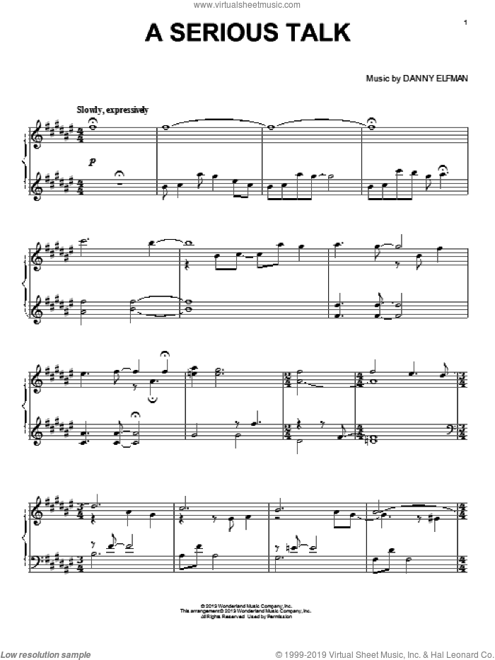 A Serious Talk sheet music for piano solo by Danny Elfman and Oz the Great and Powerful (Movie), intermediate skill level