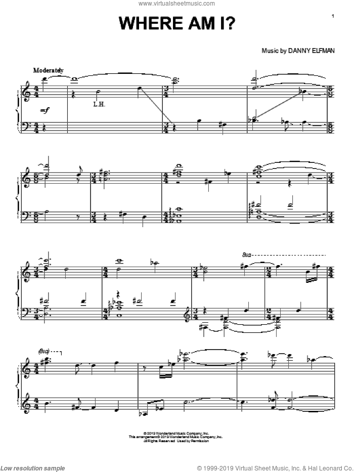 Where Am I? sheet music for piano solo by Danny Elfman and Oz the Great and Powerful (Movie), intermediate skill level