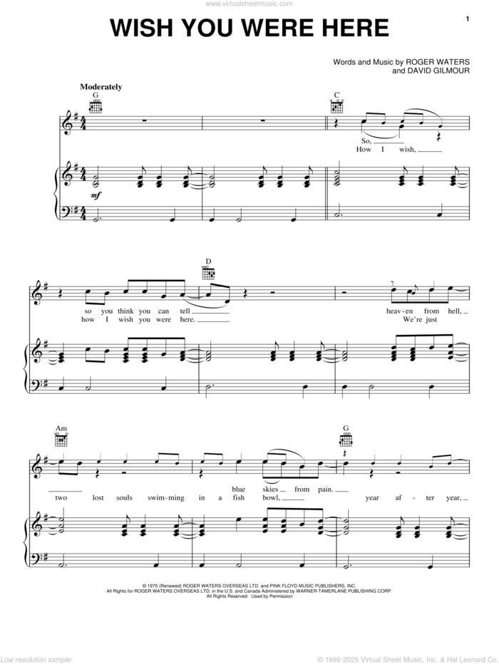 Wish You Were Here sheet music for voice, piano or guitar by Pink Floyd, David Gilmour and Roger Waters, intermediate skill level