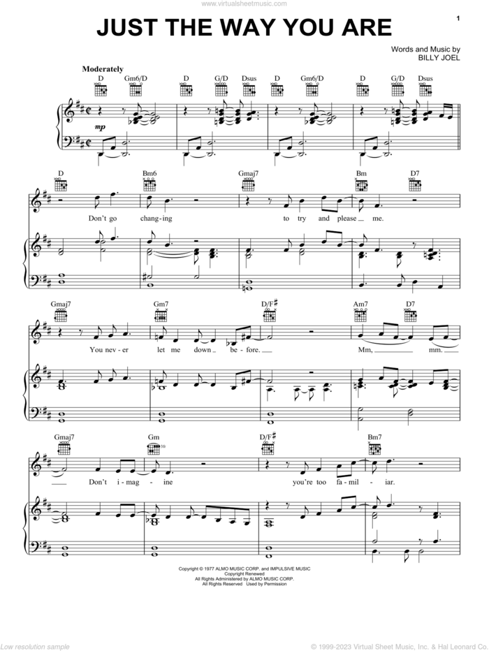Just The Way You Are sheet music for voice, piano or guitar by Billy Joel and Diana Krall, wedding score, intermediate skill level
