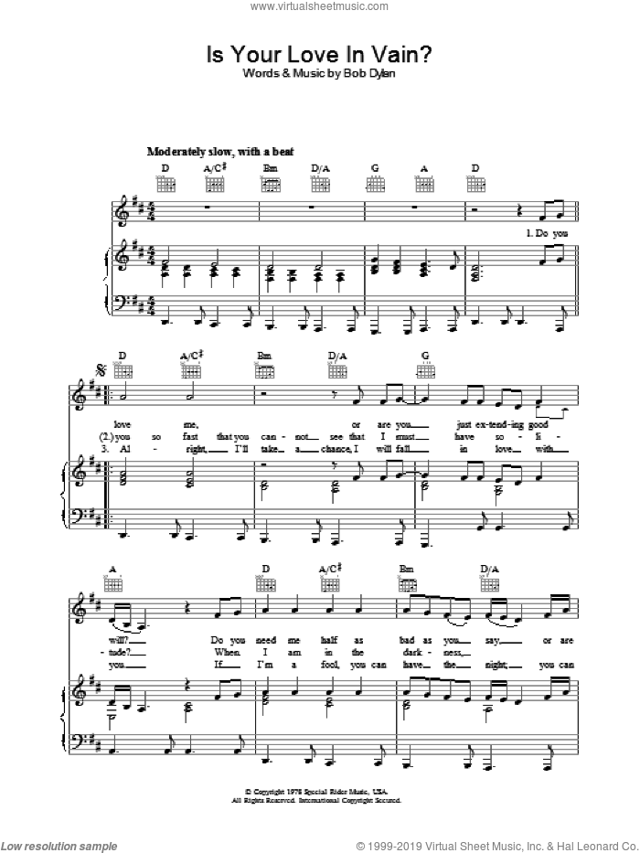 Is Your Love In Vain sheet music for voice, piano or guitar by Bob Dylan, intermediate skill level