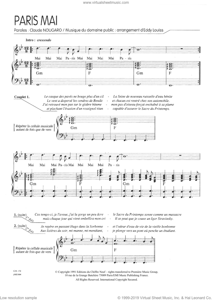 Paris Mai sheet music for voice and piano by Claude Nougaro and Eddy Louiss, intermediate skill level