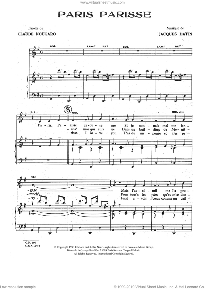 Paris Parisse sheet music for voice and piano by Claude Nougaro and Jacques Datin, intermediate skill level