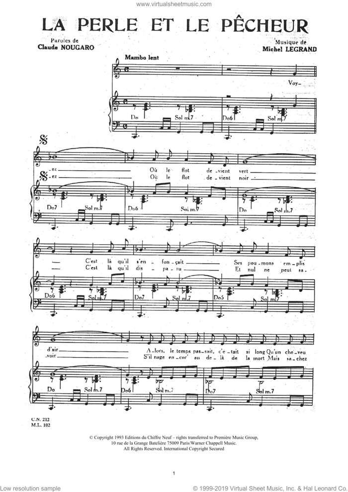 Perle Et Le Pecheur sheet music for voice and piano by Claude Nougaro and Michel LeGrand, intermediate skill level