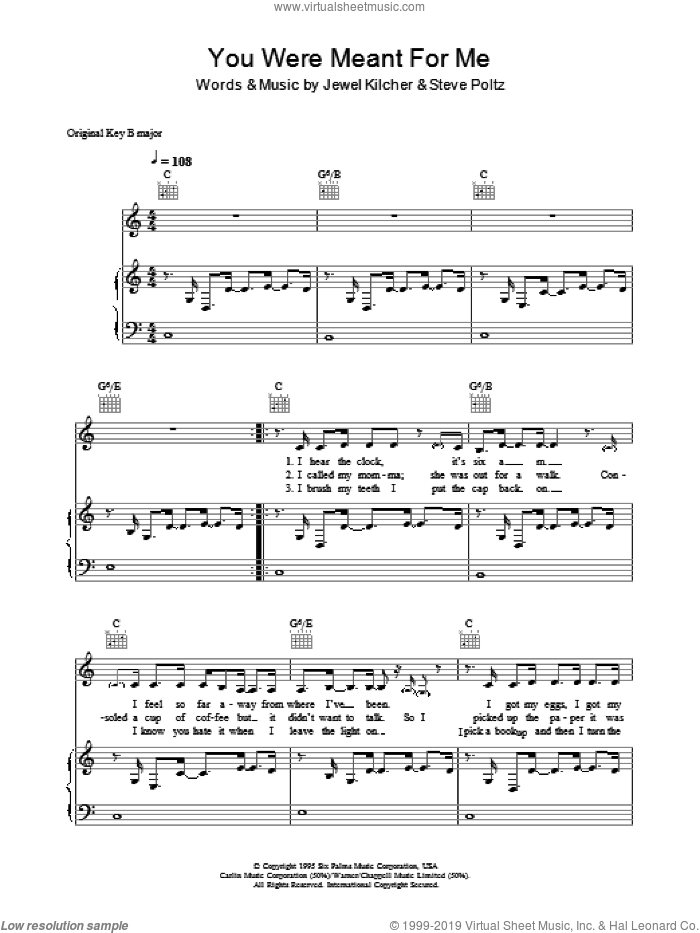 You Were Meant For Me sheet music for voice, piano or guitar by Jewel, Jewel Kilcher and Steve Poltz, intermediate skill level