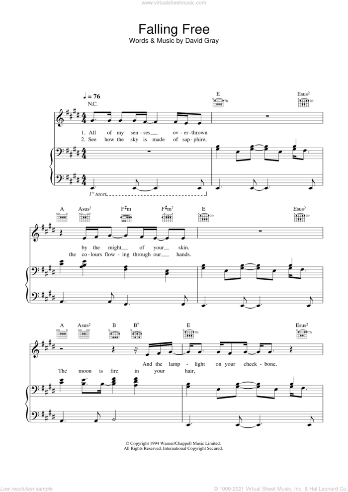Falling Free sheet music for voice, piano or guitar by David Gray, intermediate skill level