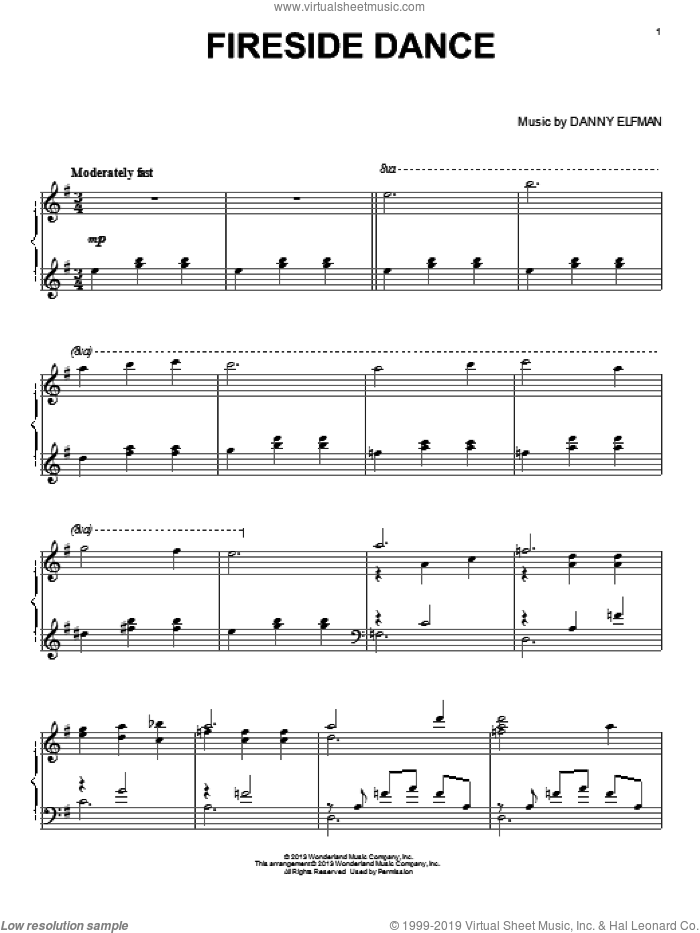 Fireside Dance sheet music for piano solo by Danny Elfman and Oz the Great and Powerful (Movie), intermediate skill level